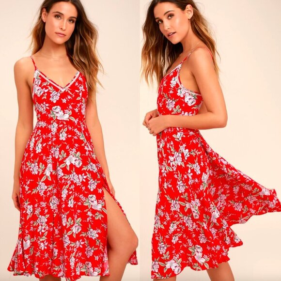 Lulus Dresses & Skirts - 🦋 LULUS Esperanza Red Floral Print Midi Dress XS Side Slit Casual Boho Cute